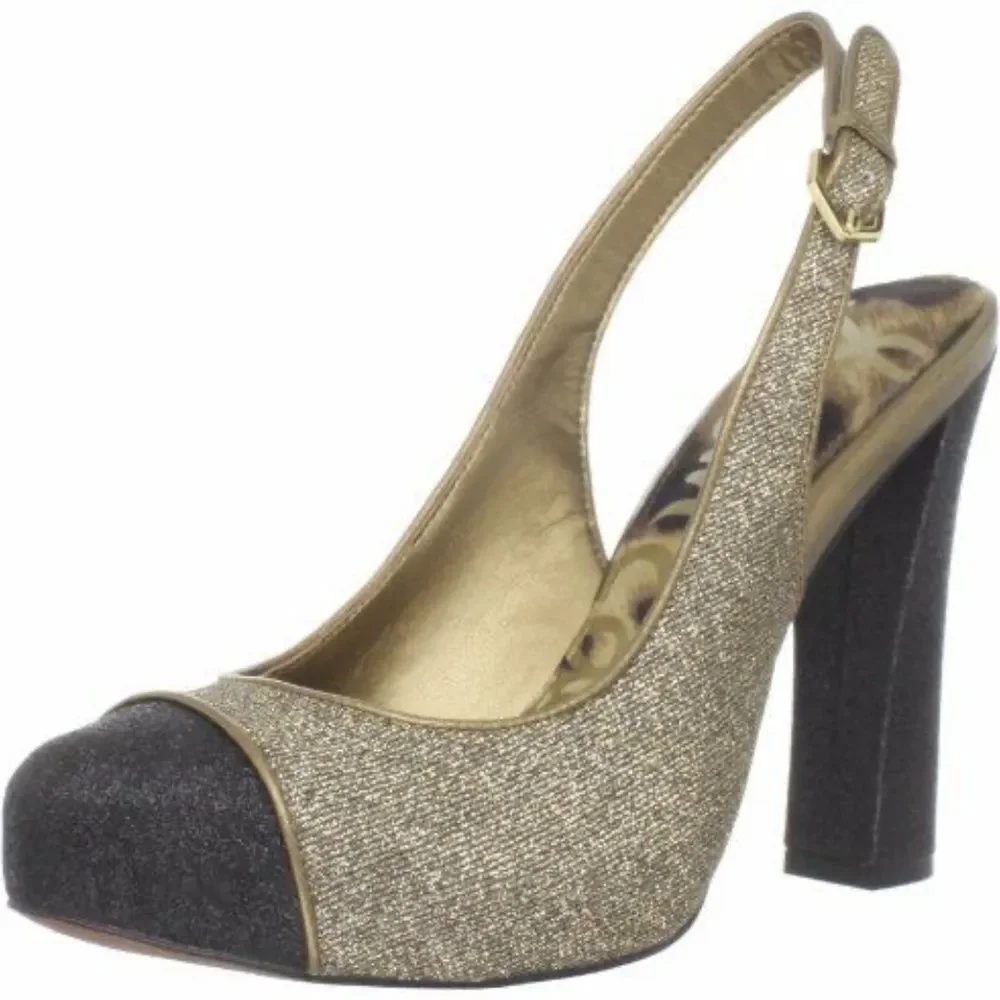 Sam‎ Edelman Finn Glitter Gold/Black Heels Sz 8.5